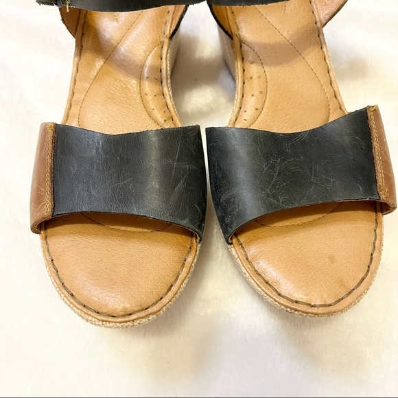 Born Nectar Brown Black Leather Two Tone Open Toe Wedge Sandal Women Size 9 - Picture 9 of 13